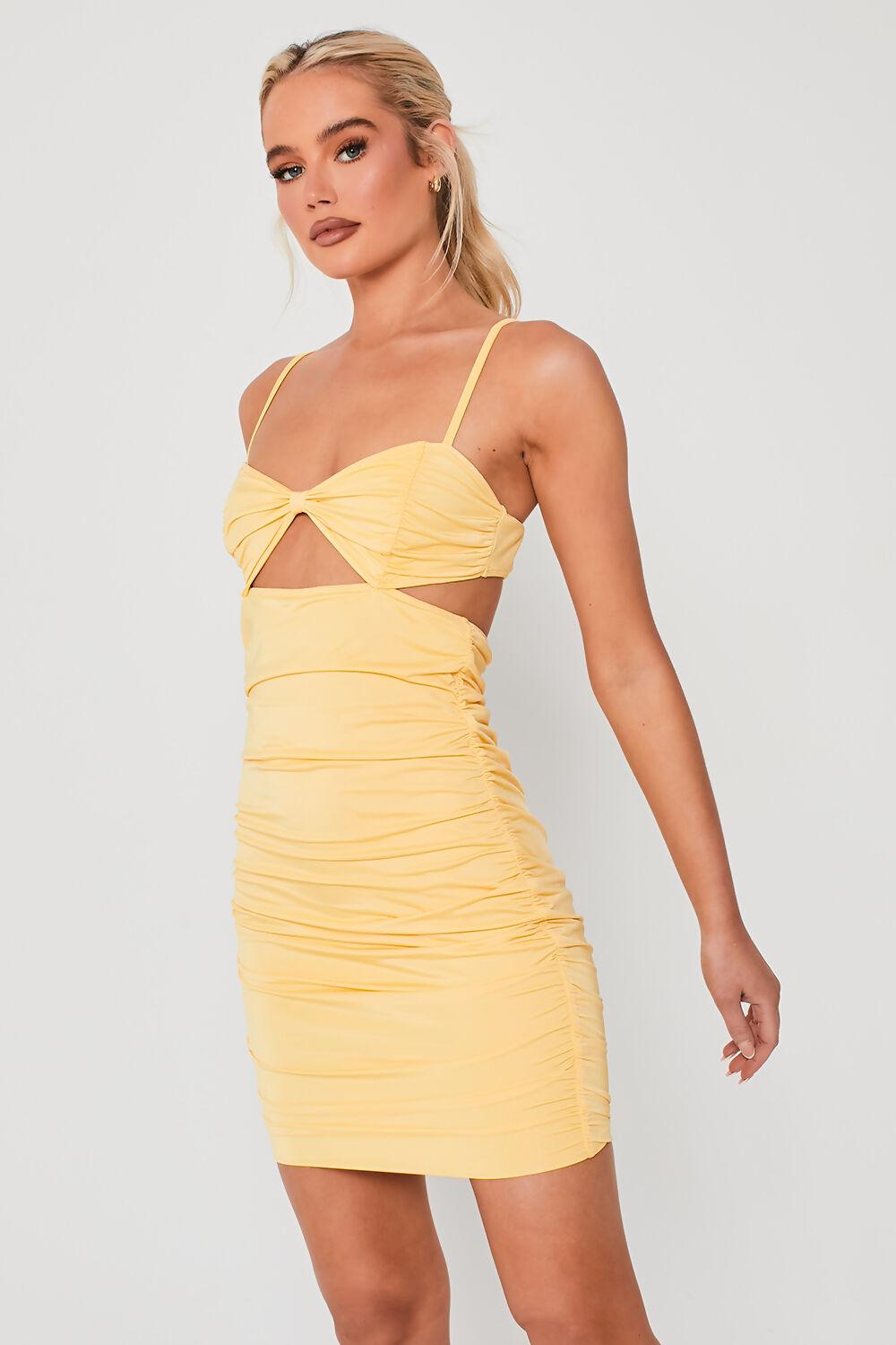 Saint Genies Gigi Yellow Ruched Cutout Detail Bodycon Mini Dress
