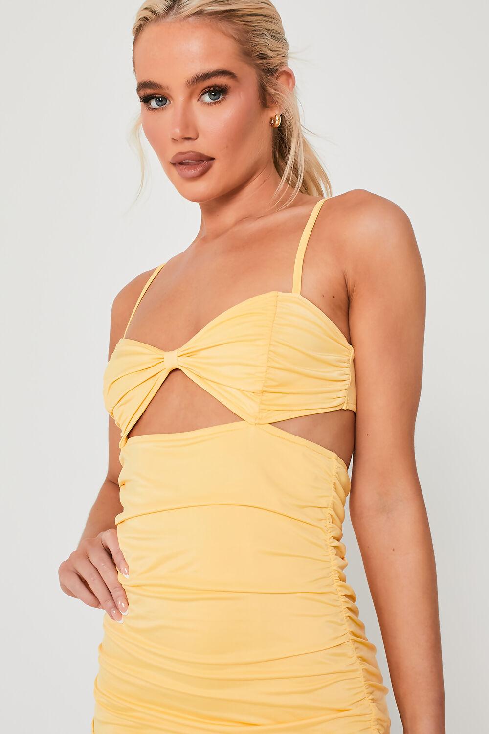 Saint Genies Gigi Yellow Ruched Cutout Detail Bodycon Mini Dress