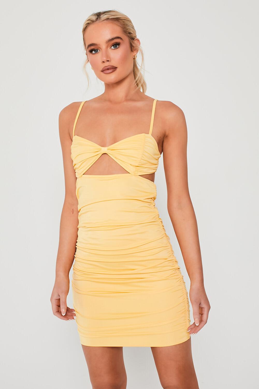 saint genies Gigi Yellow Ruched Cutout Detail Bodycon Mini Dress