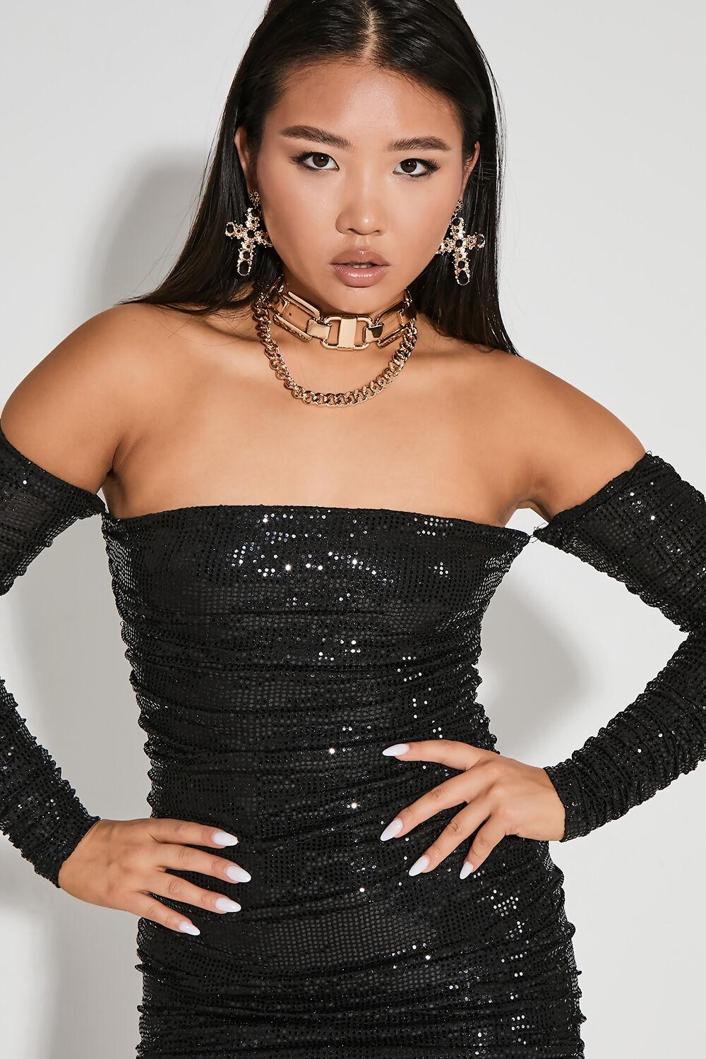 Saint Genies Giselle Black Bardot Sequin Bodycon Mini Dress