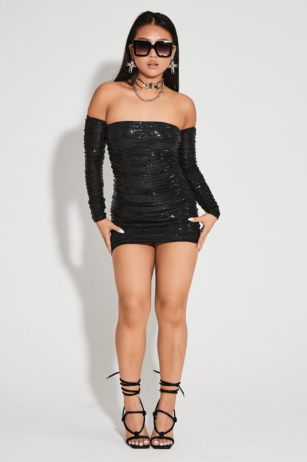 Saint Genies Giselle Black Bardot Sequin Bodycon Mini Dress