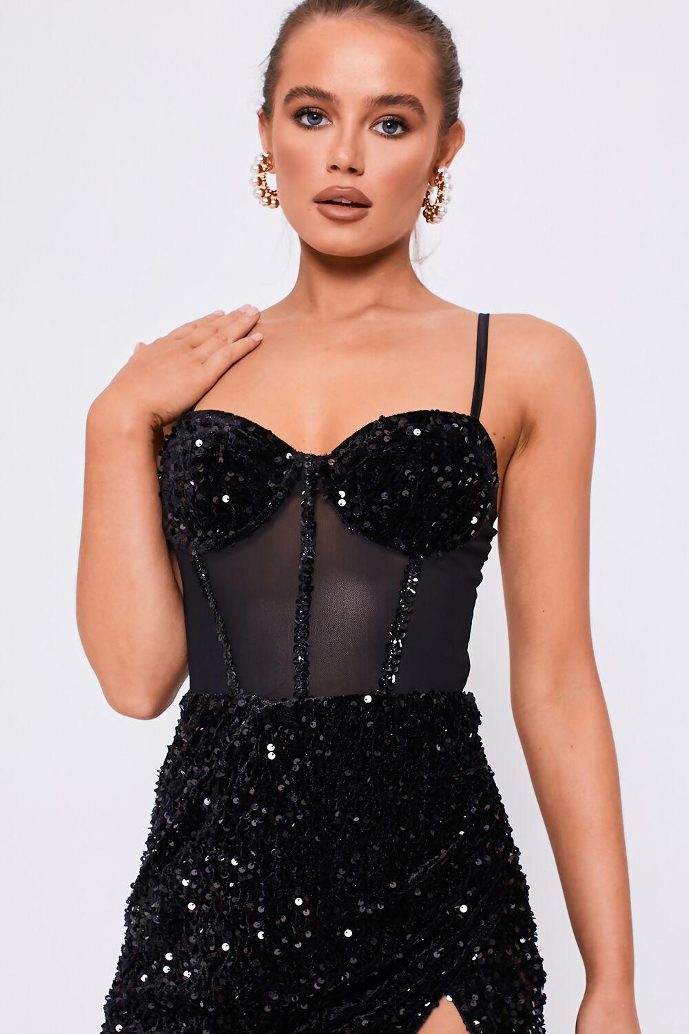 Saint Genies Gloria Black Mesh Insert Bustier Wrap Detail Sequin Dress