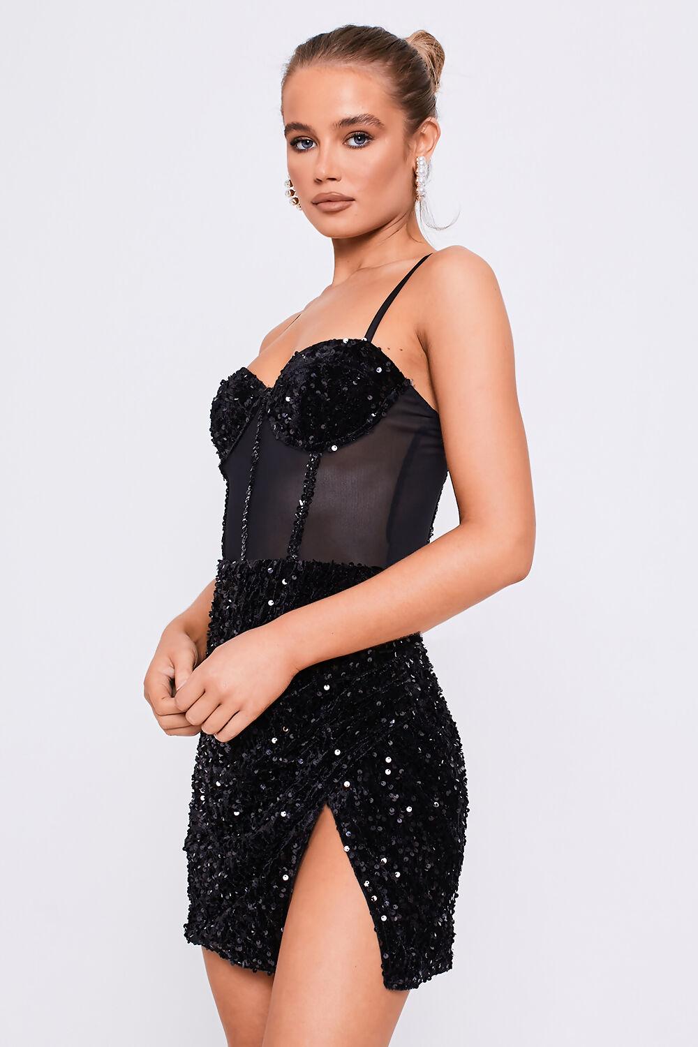Saint Genies Gloria Black Mesh Insert Bustier Wrap Detail Sequin Dress