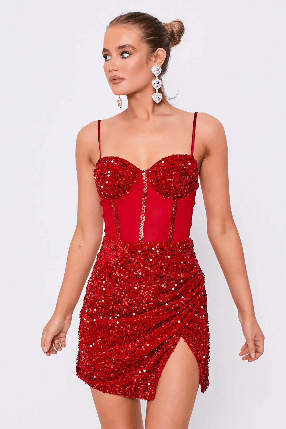 Saint Genies Gloria Red Mesh Insert Bustier Wrap Detail Sequin Dress