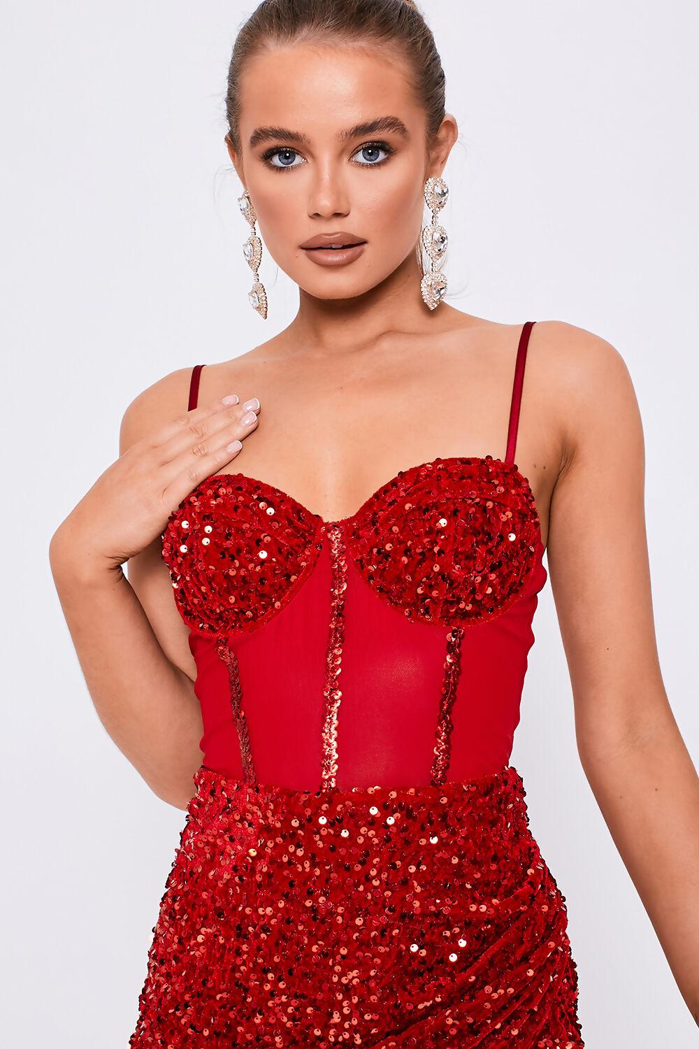 Saint Genies Gloria Red Mesh Insert Bustier Wrap Detail Sequin Dress