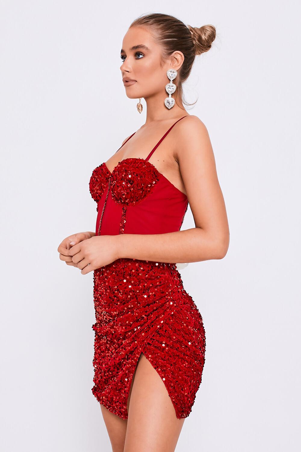 Saint Genies Gloria Red Mesh Insert Bustier Wrap Detail Sequin Dress