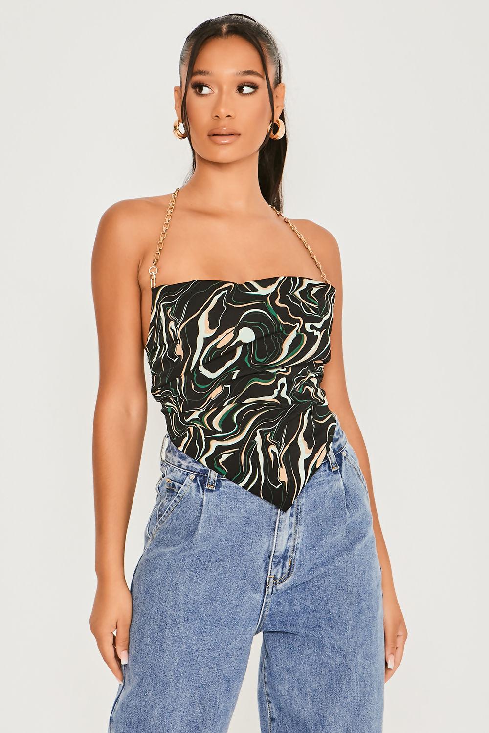 Saint Genies Gracie Black Marble Tie Back Chain Strap Cowl Top