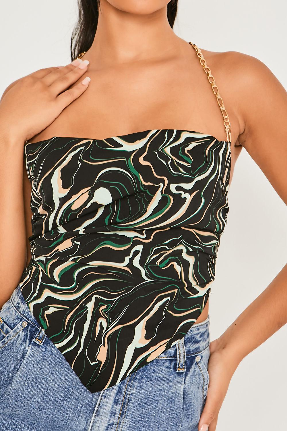 Saint Genies Gracie Black Marble Tie Back Chain Strap Cowl Top