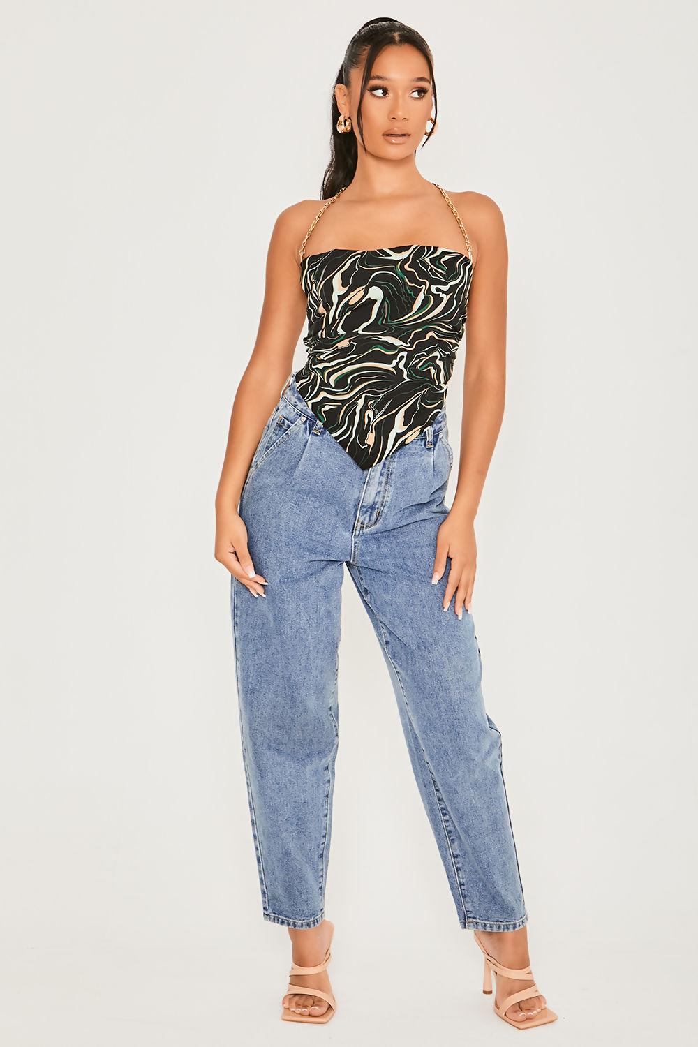 saint genies Gracie Black Marble Tie Back Chain Strap Cowl Top