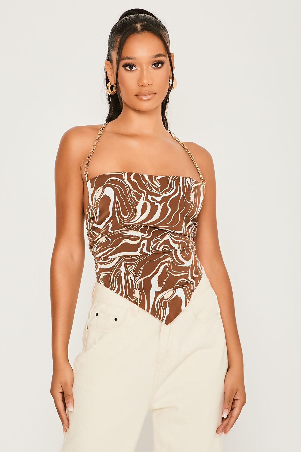 Saint Genies Gracie Chocolate Marble Tie Back Chain Strap Cowl Top