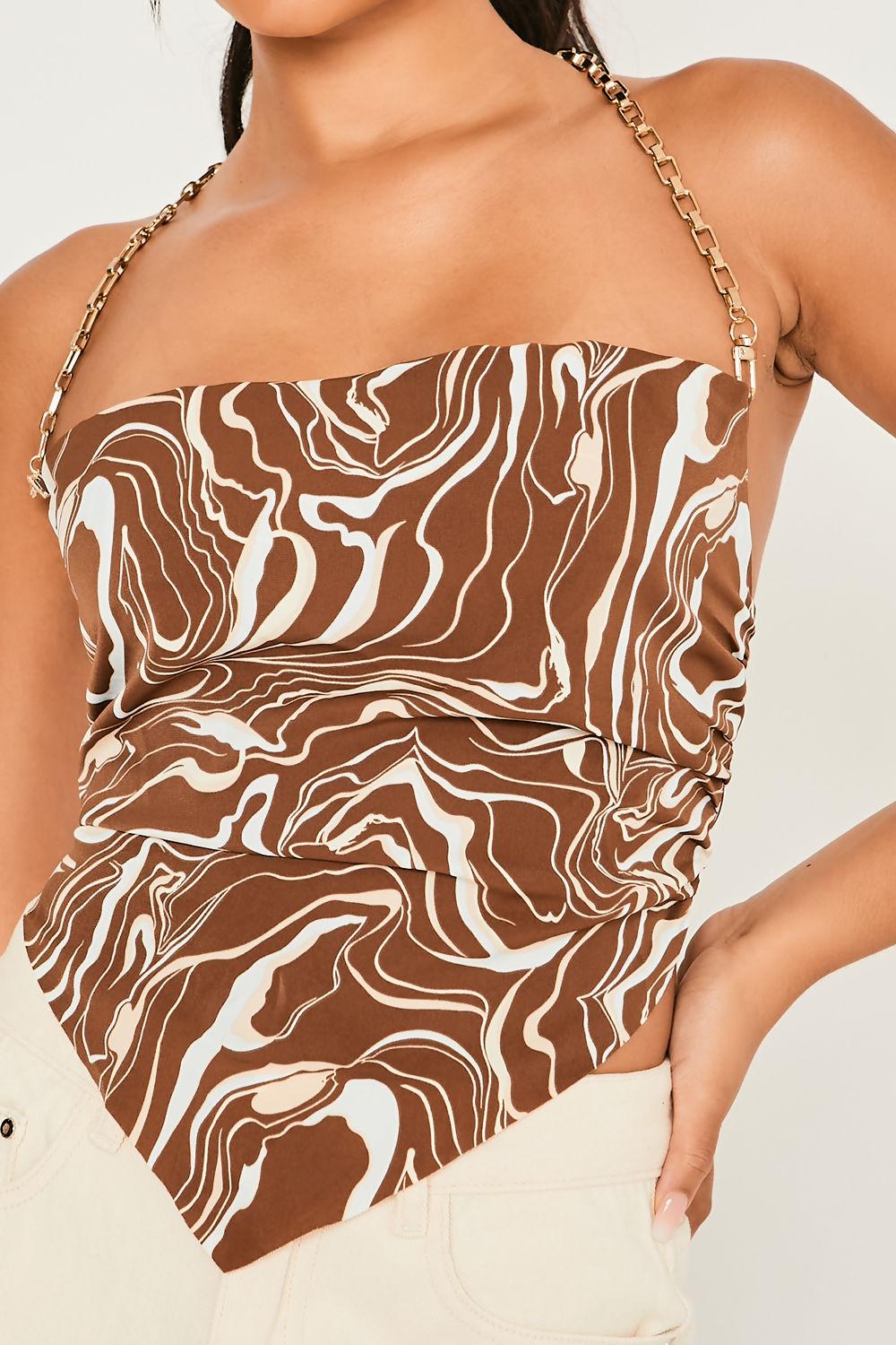 Saint Genies Gracie Chocolate Marble Tie Back Chain Strap Cowl Top