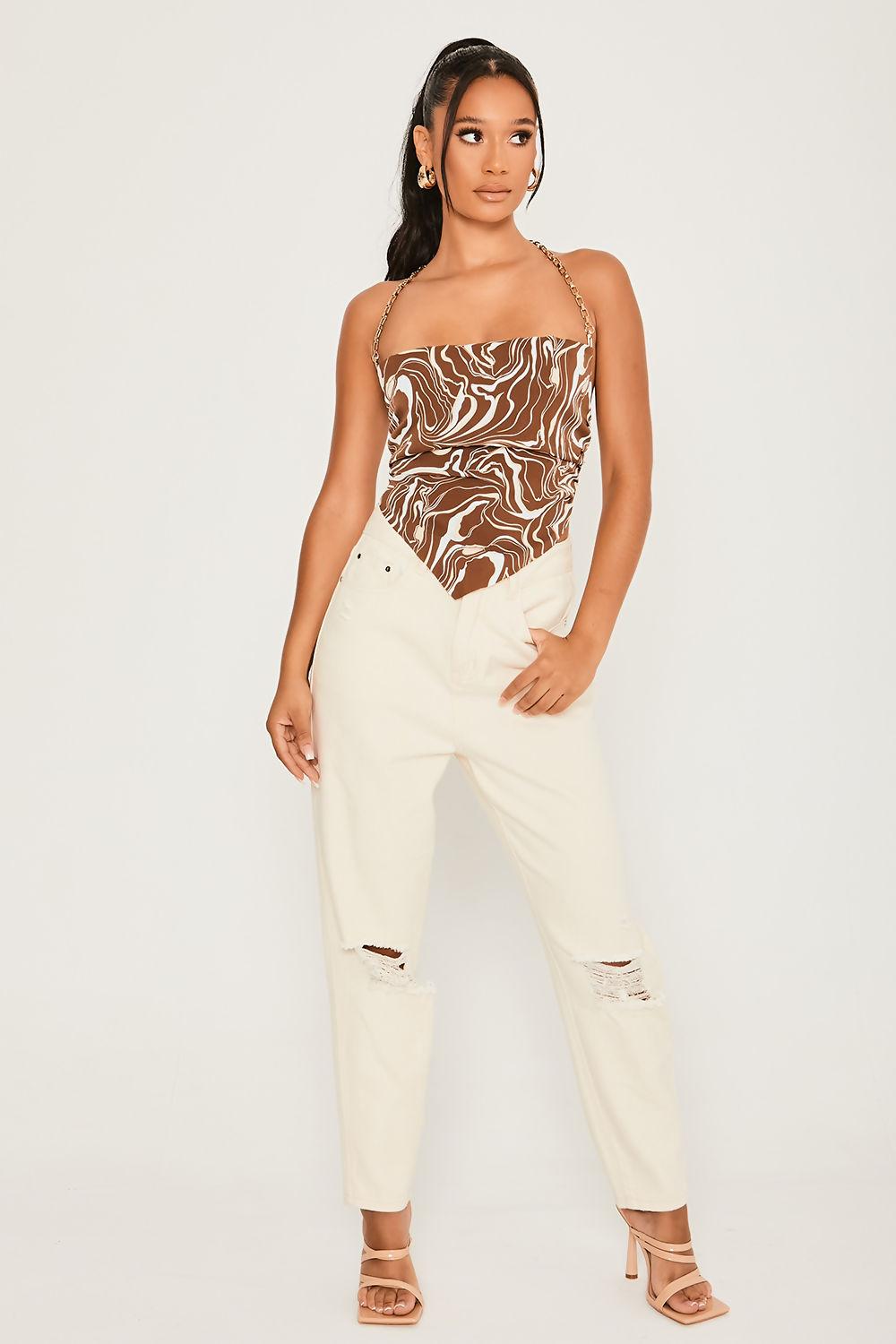 saint genies Gracie Chocolate Marble Tie Back Chain Strap Cowl Top