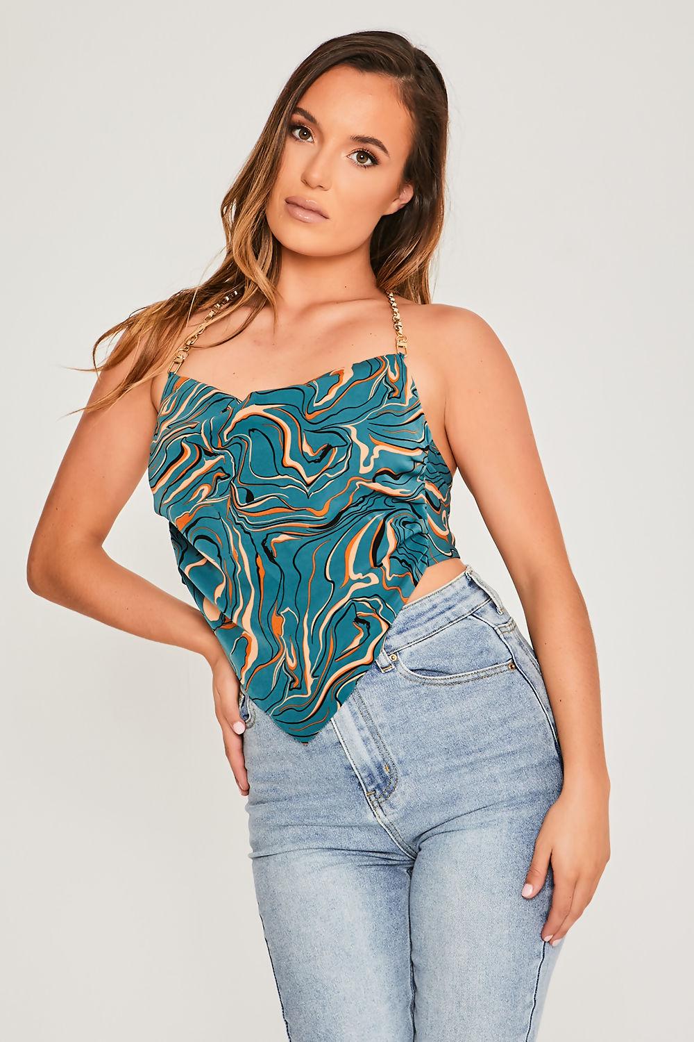 Saint Genies Gracie Green Marble Tie Back Chain Strap Cowl Top