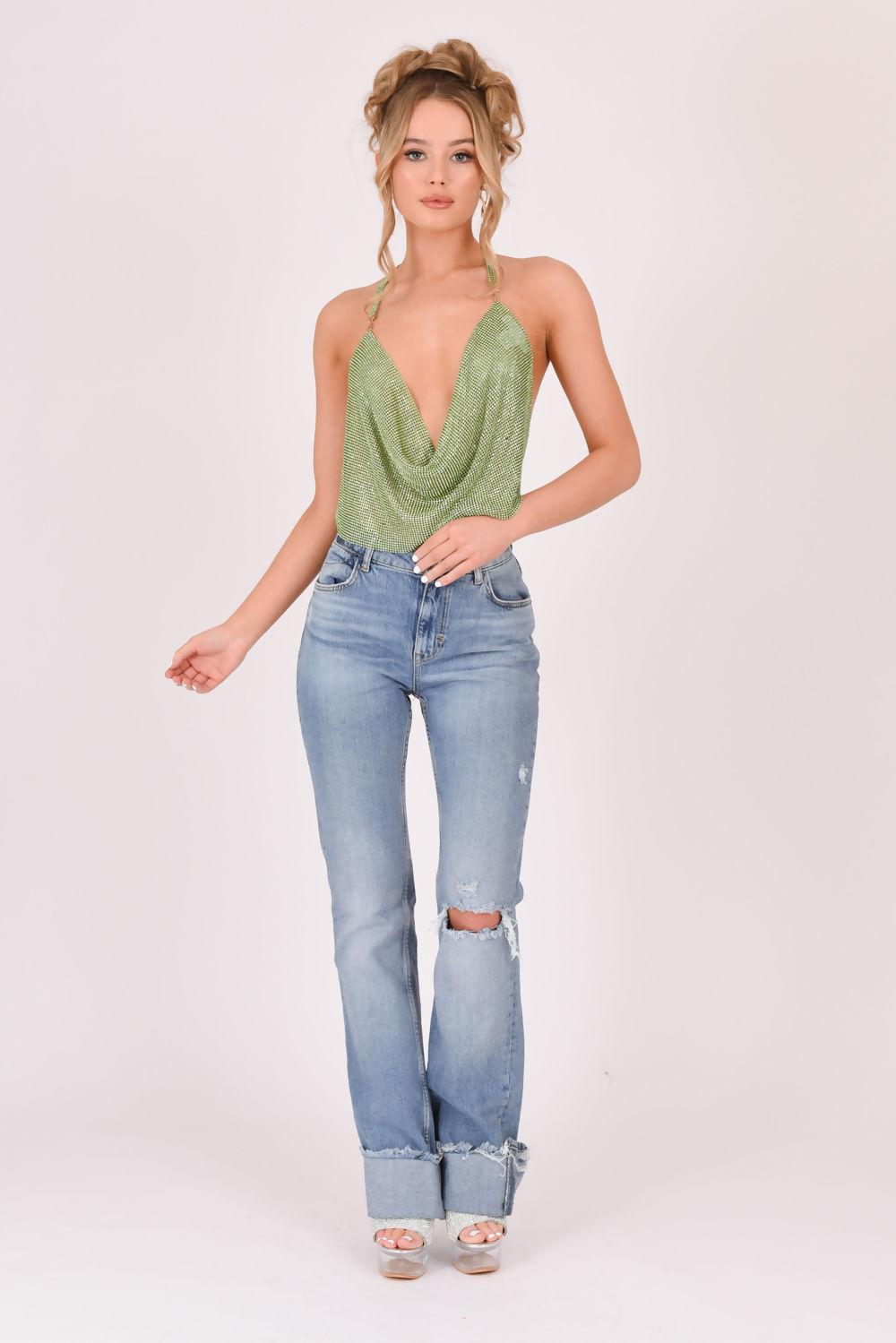 Saint Genies Hallie Green Cowl Neck Backless Diamante Chainmail Halter Top