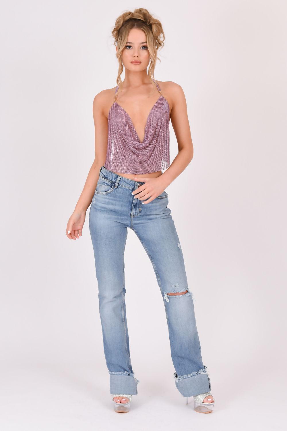 Saint Genies Hallie Lilac Cowl Neck Backless Diamante Chainmail Halter Top