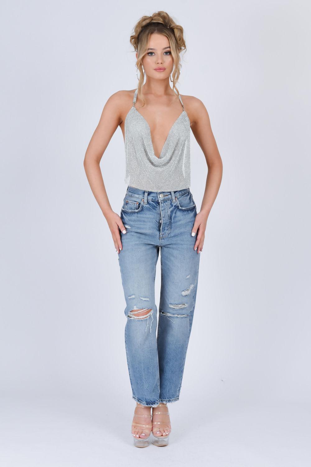 Saint Genies Hallie Silver Cowl Neck Backless Diamante Chainmail Halter Top