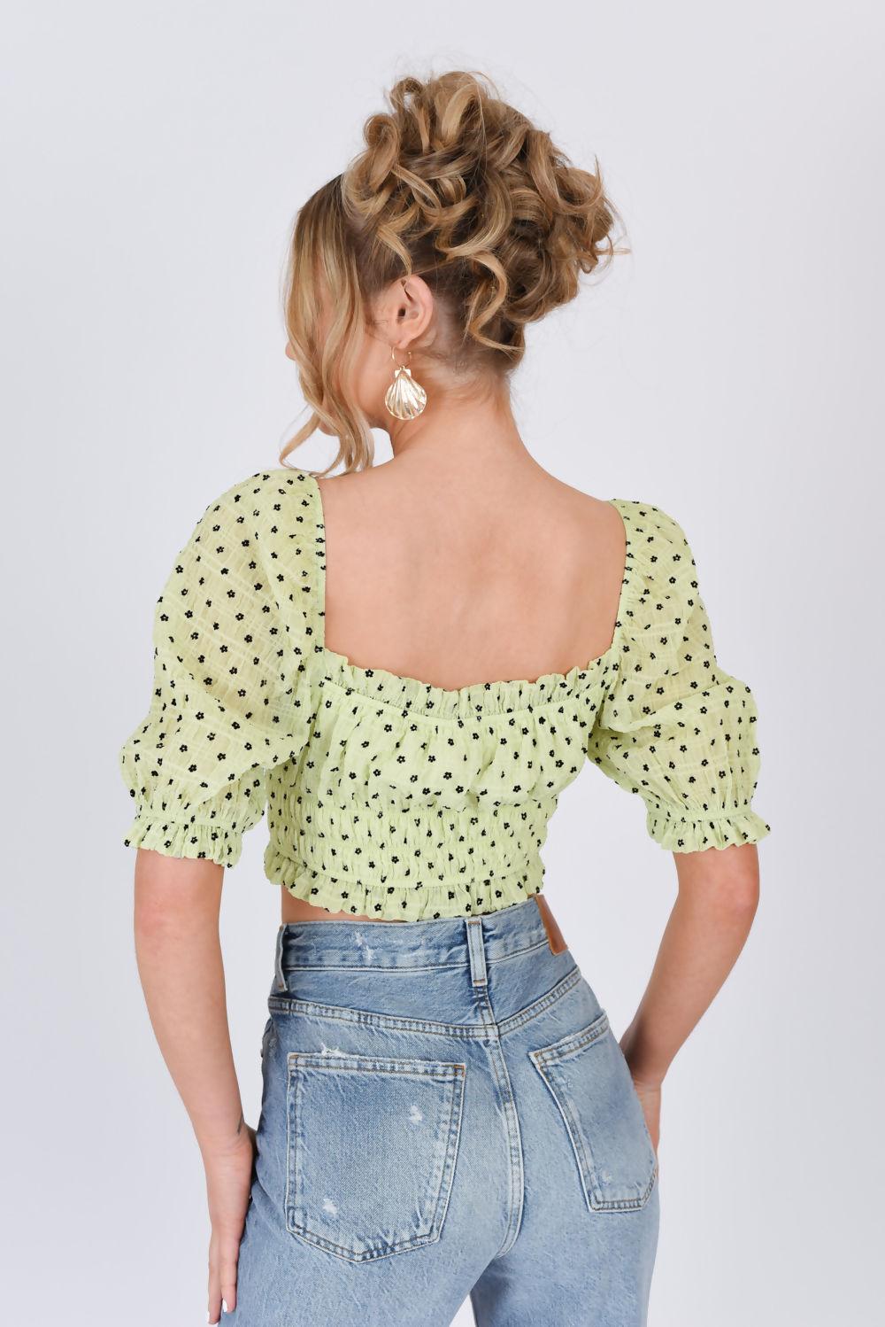 Saint Genies Hannah Green Ditsy Floral Puff Sleeve Ruched Crop Top