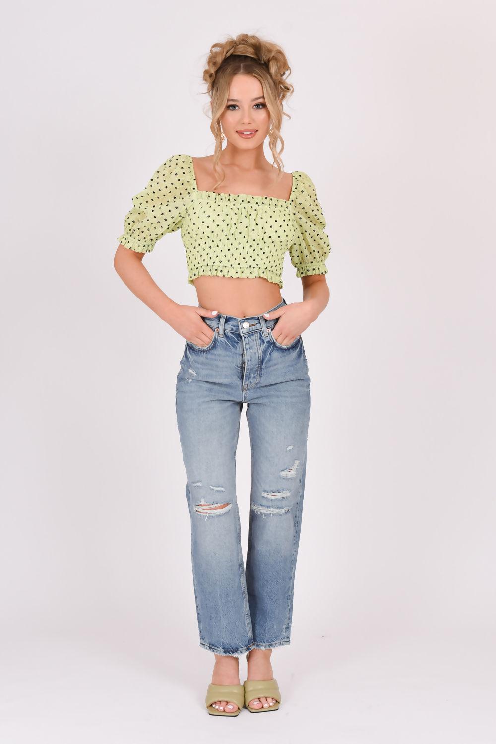 saint genies Hannah Green Ditsy Floral Puff Sleeve Ruched Crop Top