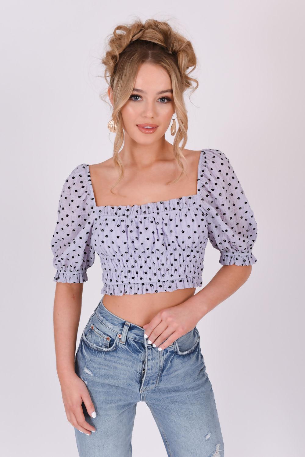 Saint Genies Hannah Lilac Ditsy Floral Puff Sleeve Ruched Crop Top