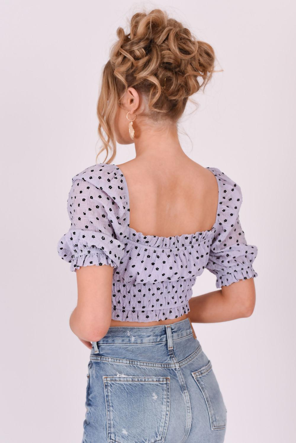 Saint Genies Hannah Lilac Ditsy Floral Puff Sleeve Ruched Crop Top