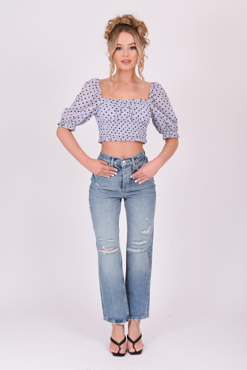 saint genies Hannah Lilac Ditsy Floral Puff Sleeve Ruched Crop Top