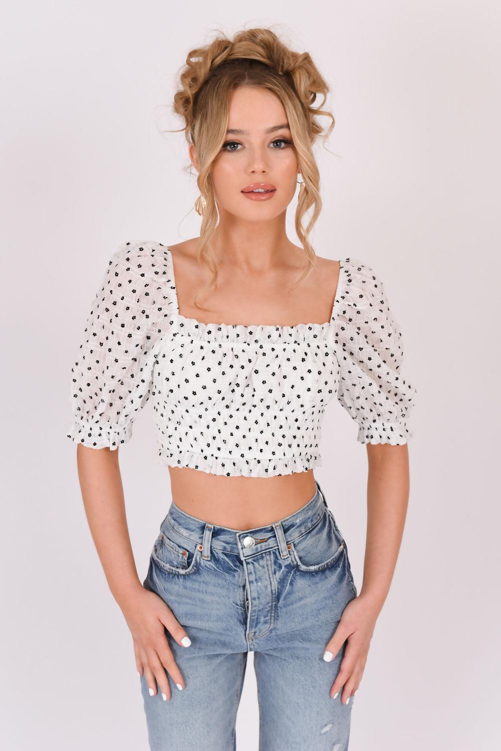 Saint Genies Hannah White Ditsy Floral Puff Sleeve Ruched Crop Top