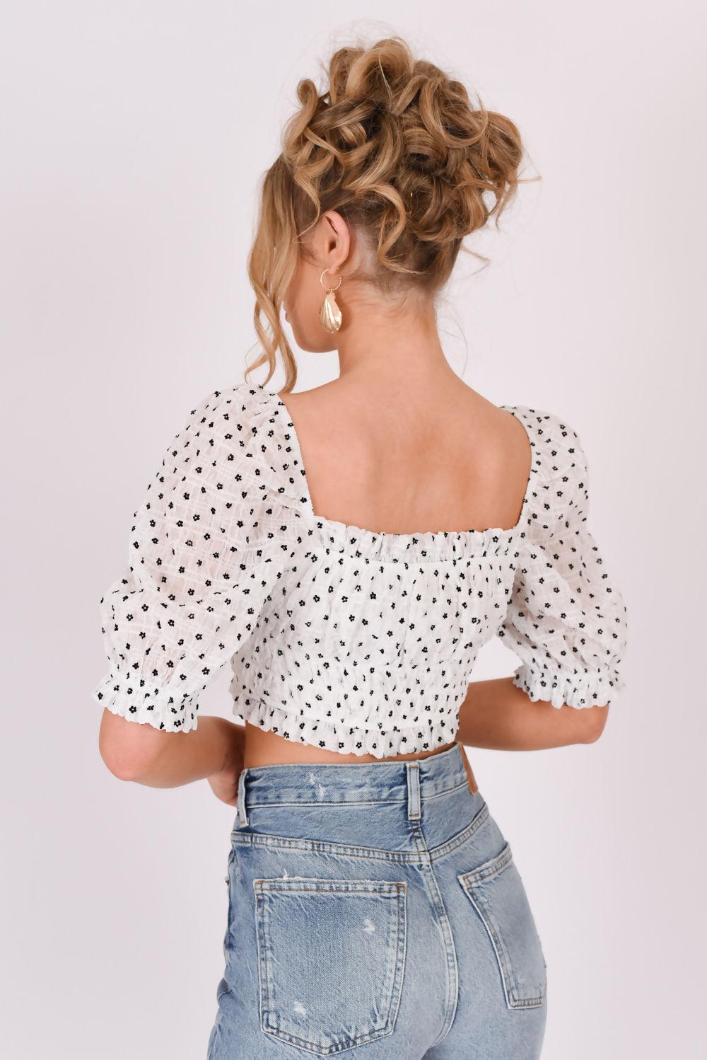 Saint Genies Hannah White Ditsy Floral Puff Sleeve Ruched Crop Top