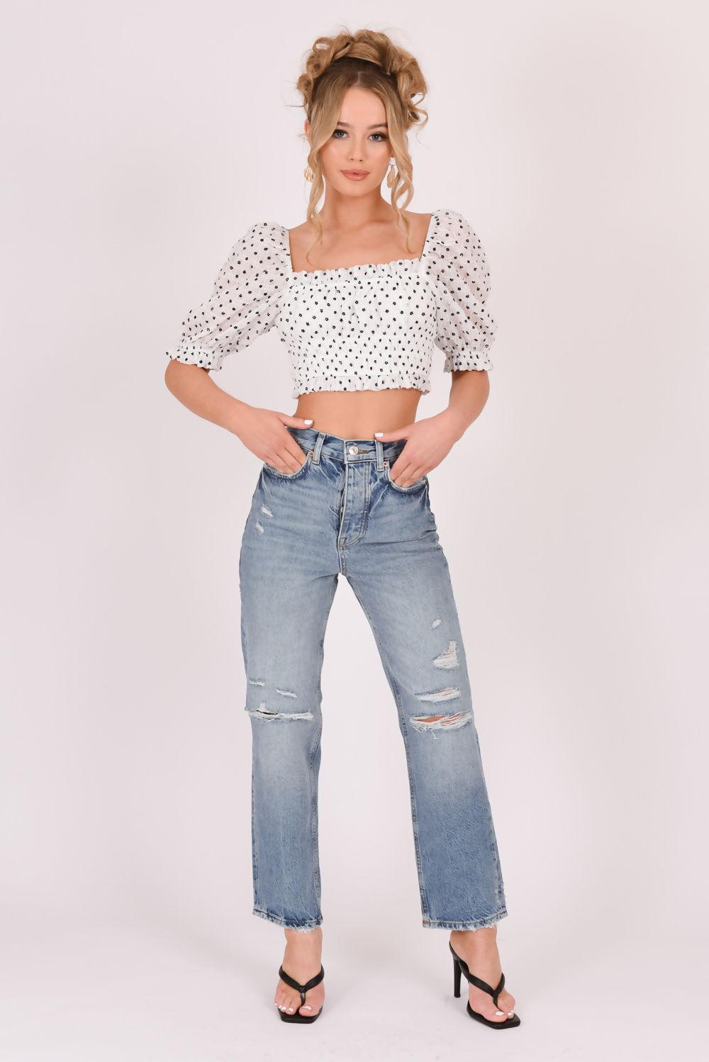 saint genies Hannah White Ditsy Floral Puff Sleeve Ruched Crop Top