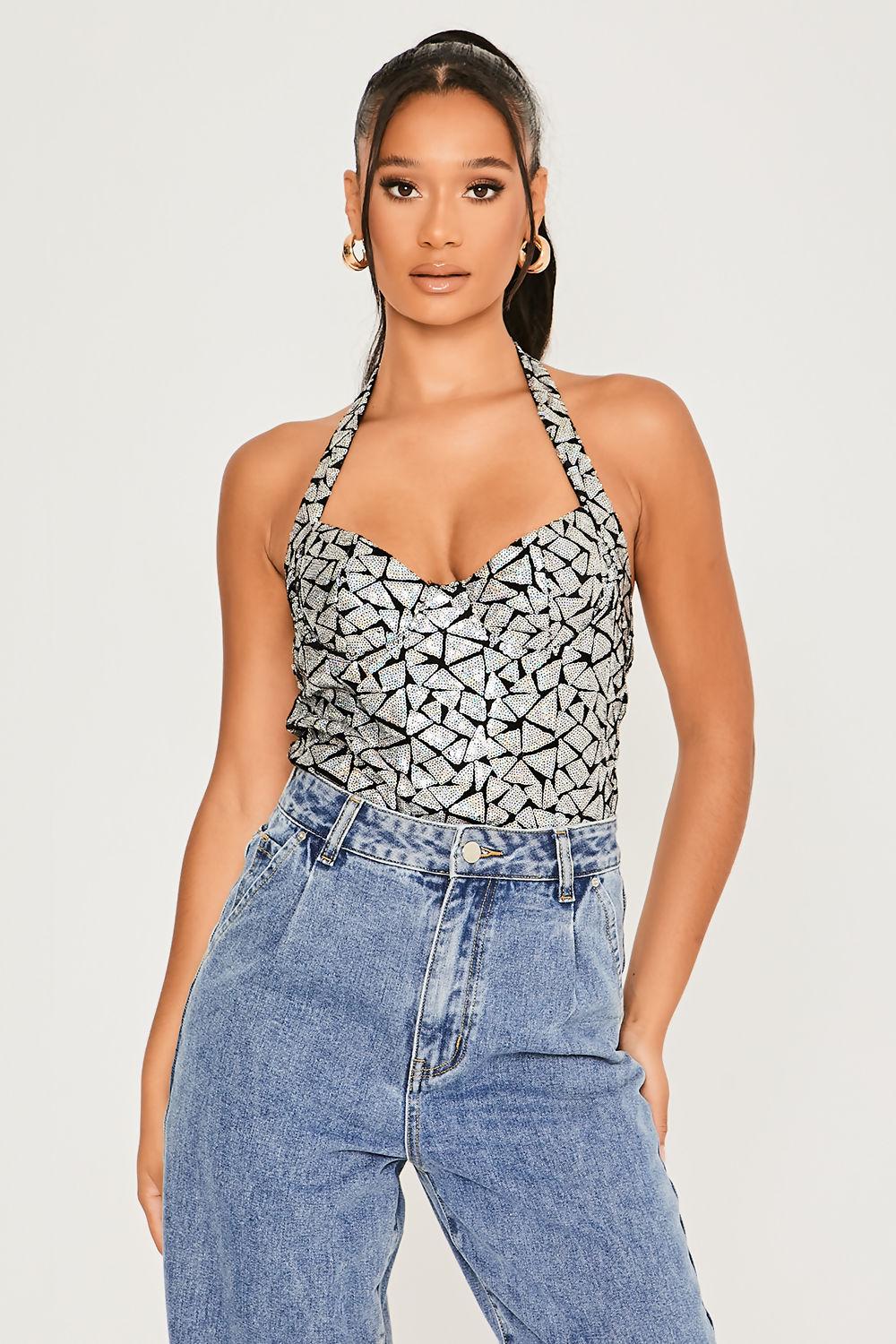 Saint Genies Harriet Silver Sequin Halterneck Sweetheart Neckline Bodysuit