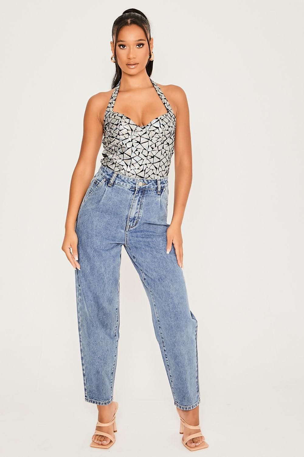 saint genies Harriet Silver Sequin Halterneck Sweetheart Neckline Bodysuit