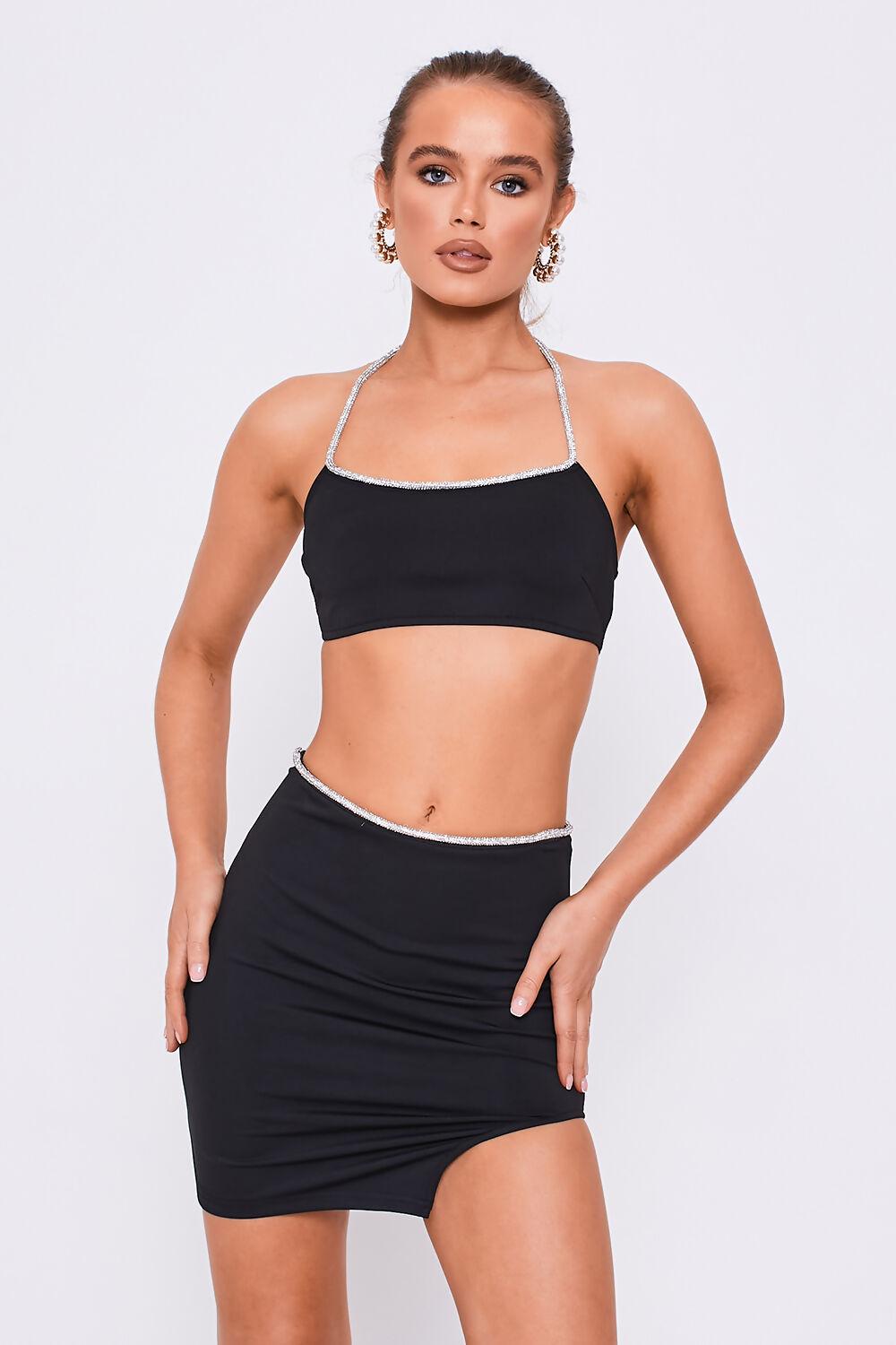 Saint Genies Heather Black Diamante Trim Halterneck Crop Top & Mini Skirt Co-Ord