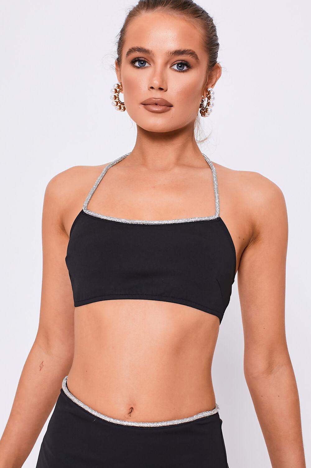 Saint Genies Heather Black Diamante Trim Halterneck Crop Top & Mini Skirt Co-Ord
