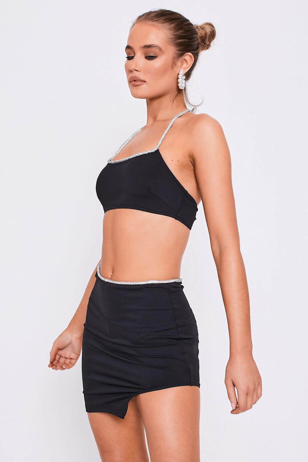Saint Genies Heather Black Diamante Trim Halterneck Crop Top & Mini Skirt Co-Ord