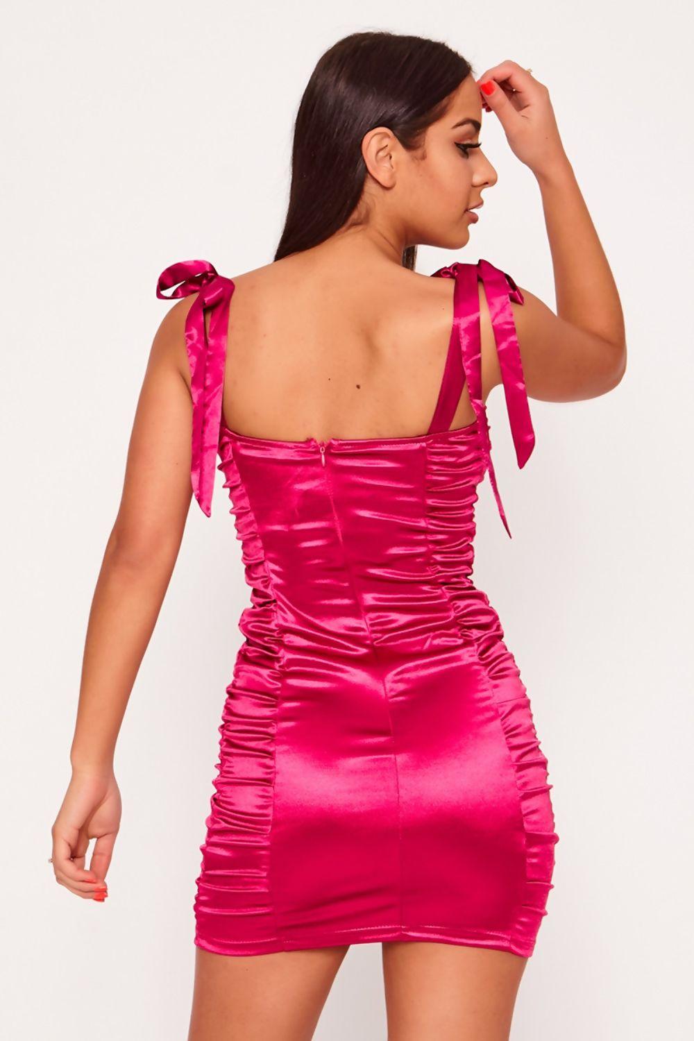 Saint Genies Heidi Fuchsia Stretch Satin Ribbon Strap Ruched Dress