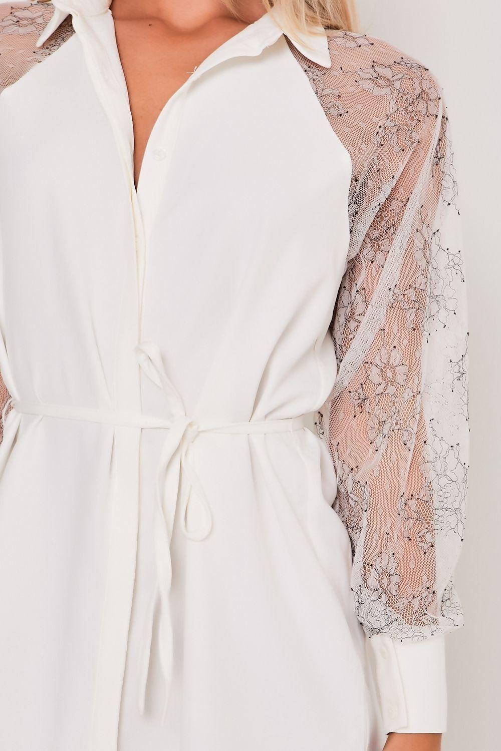 Saint Genies Hervia White Lace Sleeve Belted Shirt Dress