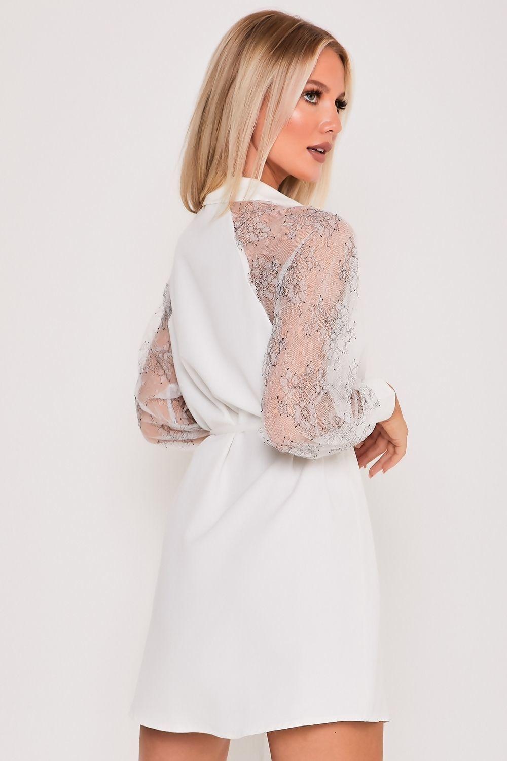 Saint Genies Hervia White Lace Sleeve Belted Shirt Dress