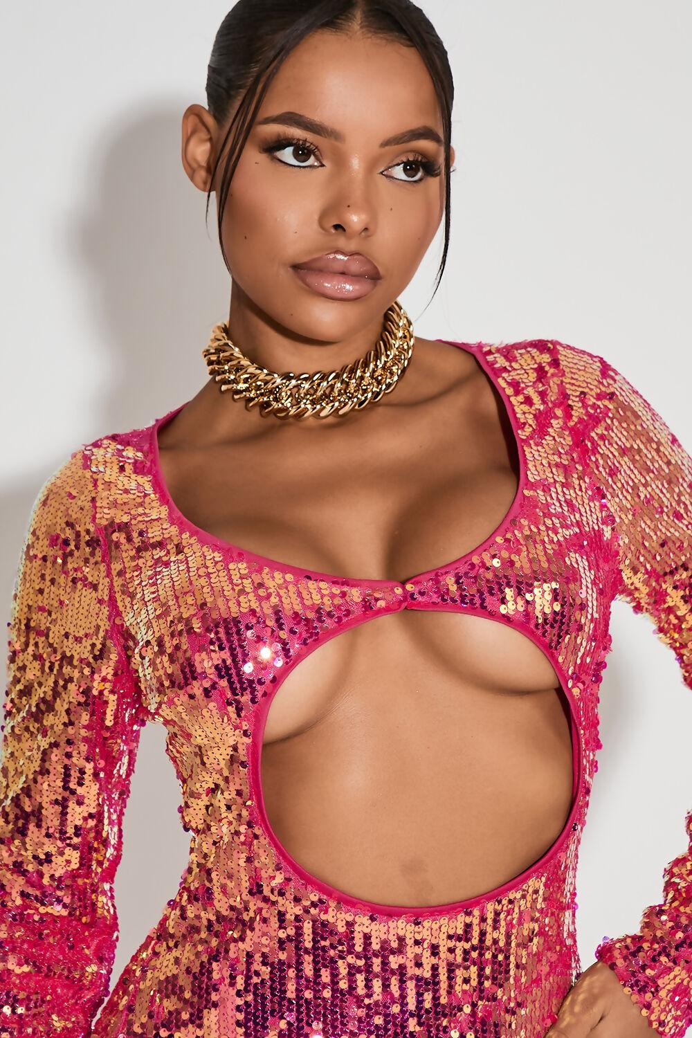 Saint Genies India Pink Long Sleeve Cutout Sequin Mini Dress