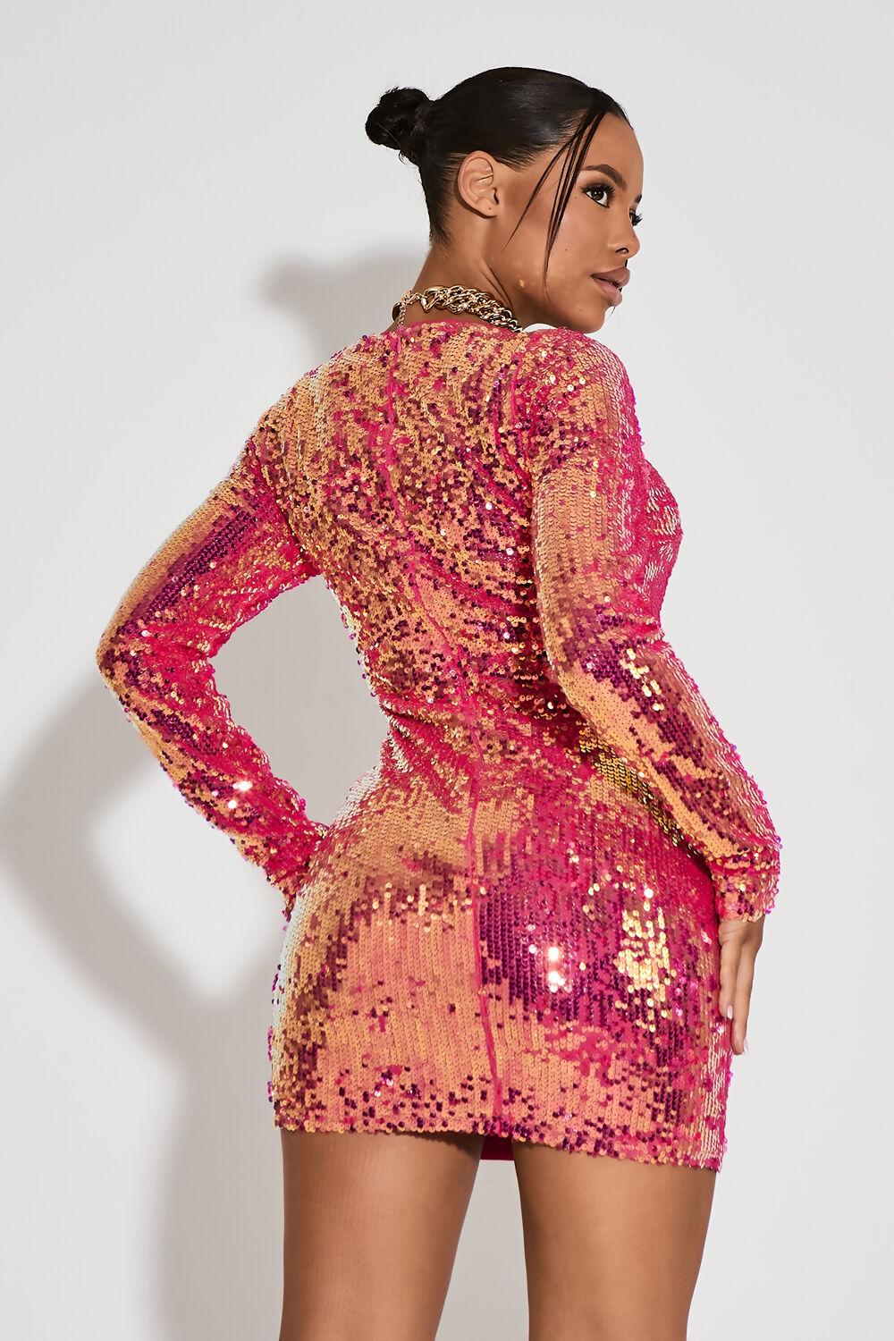 Saint Genies India Pink Long Sleeve Cutout Sequin Mini Dress