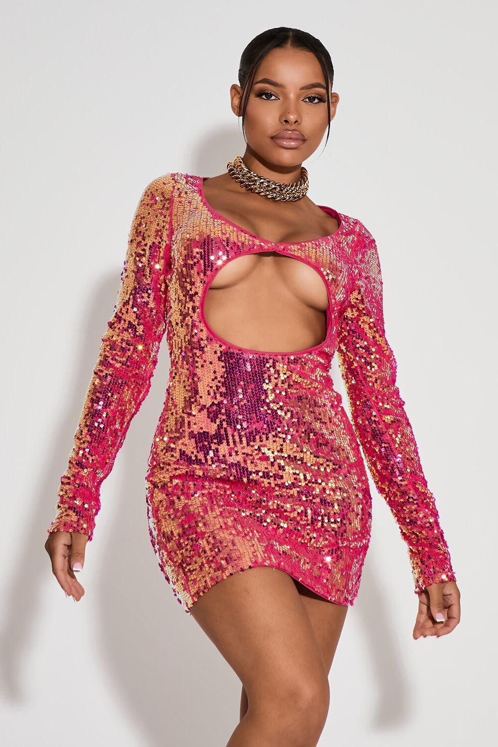 saint genies India Pink Long Sleeve Cutout Sequin Mini Dress