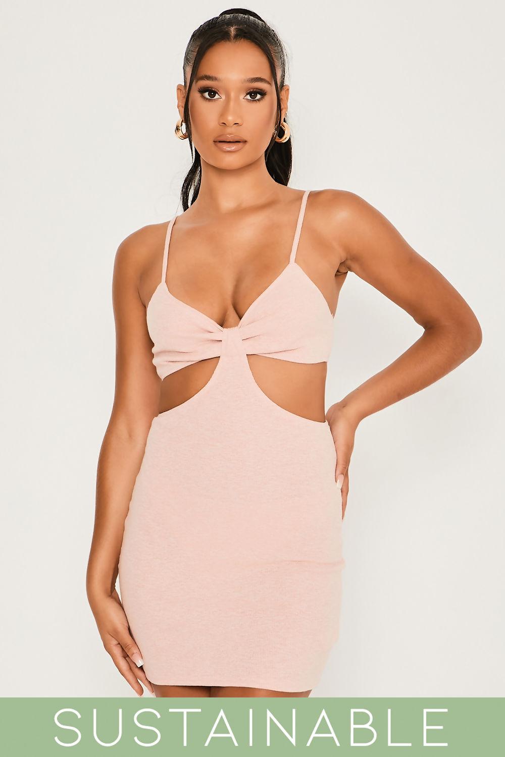 Saint Genies Isabella Blush Recycled Rib Knot Front Cut Out Mini Dress