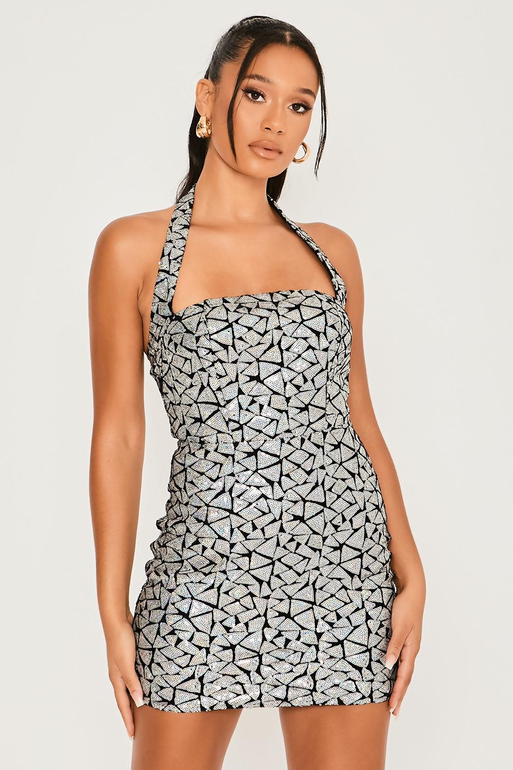 Saint Genies Ivy Silver Sequin Halterneck Square Neckline Mini Dress