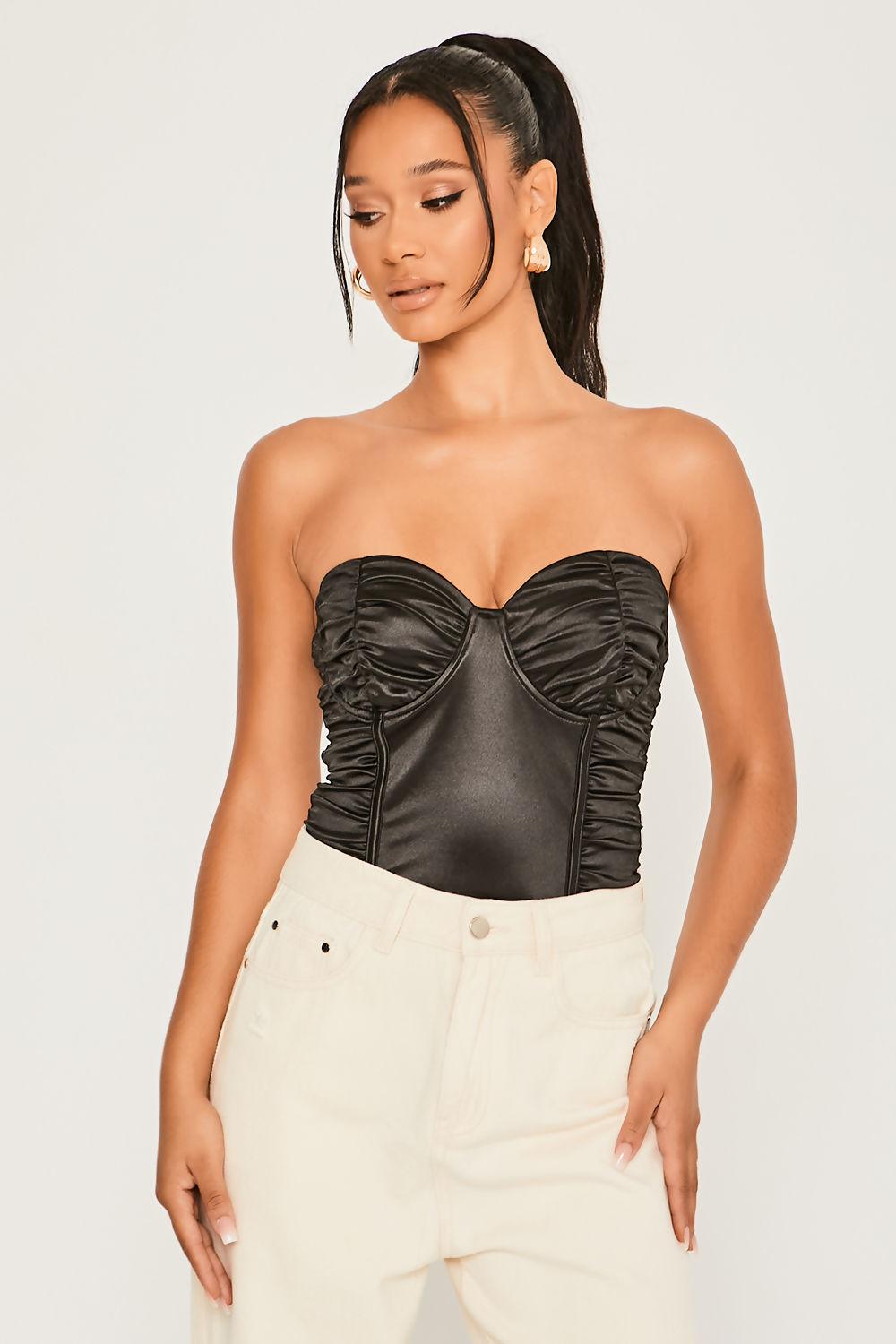 Saint Genies Janine Black Stretch Satin Underwired Ruched Detail Bodysuit
