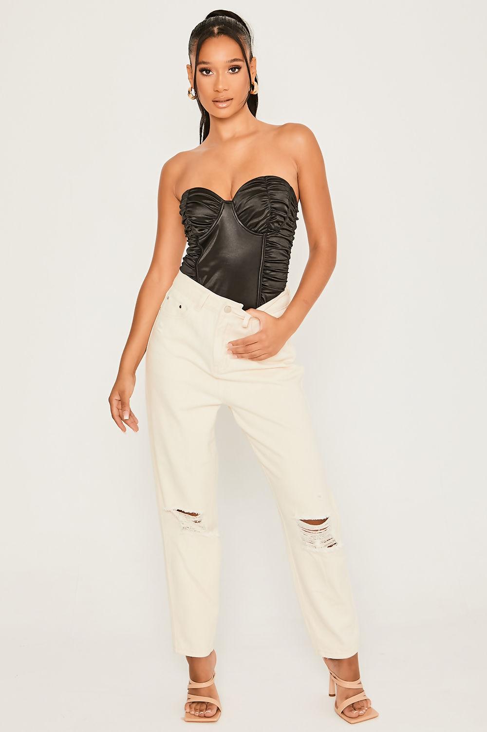 saint genies Janine Black Stretch Satin Underwired Ruched Detail Bodysuit