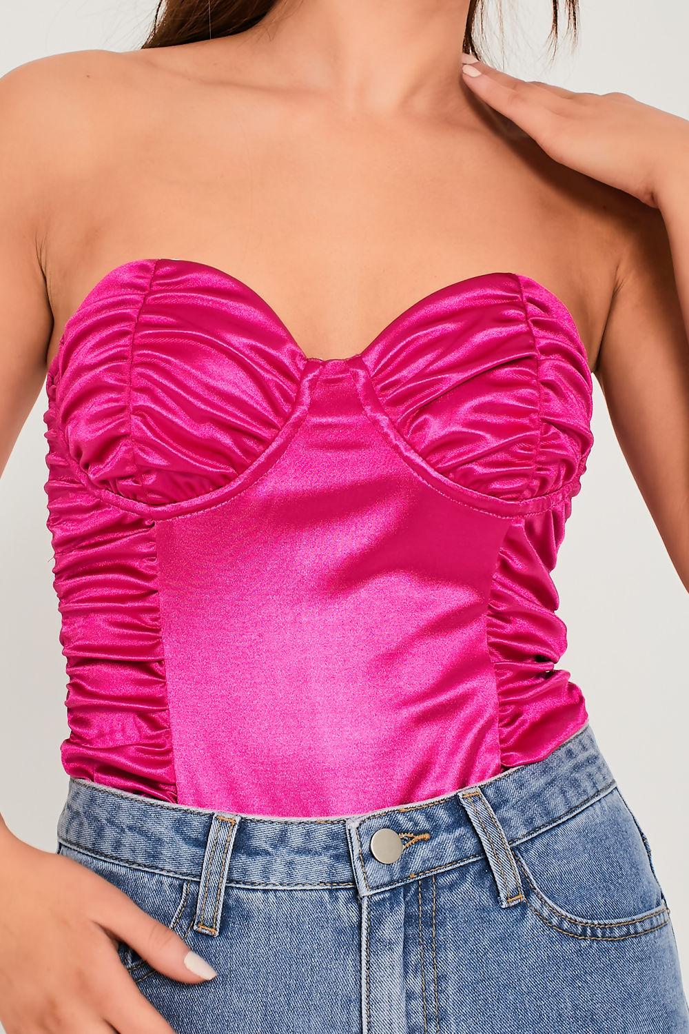 Saint Genies Janine Fuchsia Stretch Satin Underwired Ruched Detail Bodysuit