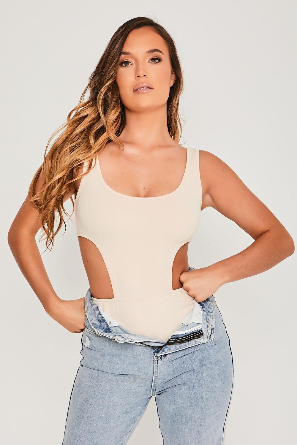 Saint Genies Jenny Ecru Scoop Neck Bodysuit With Cut Out Details