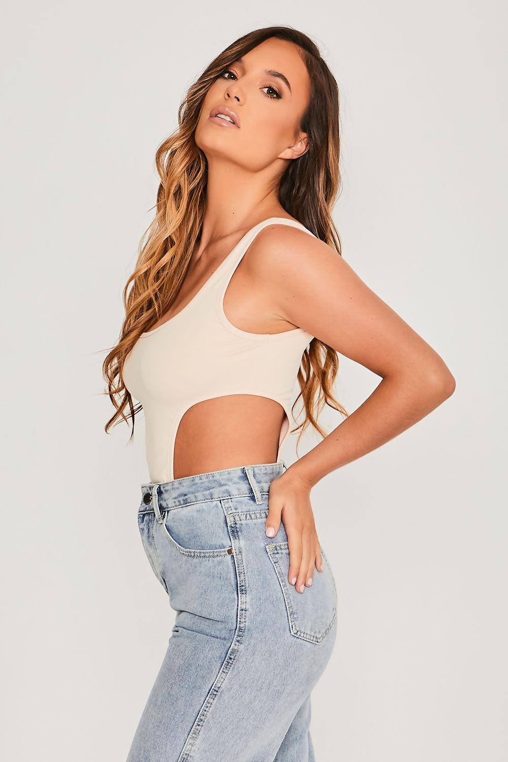 Saint Genies Jenny Ecru Scoop Neck Bodysuit With Cut Out Details