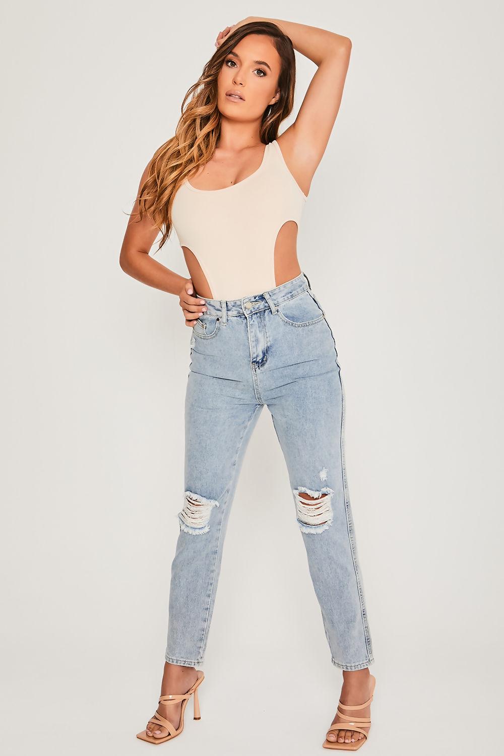 saint genies Jenny Ecru Scoop Neck Bodysuit With Cut Out Details