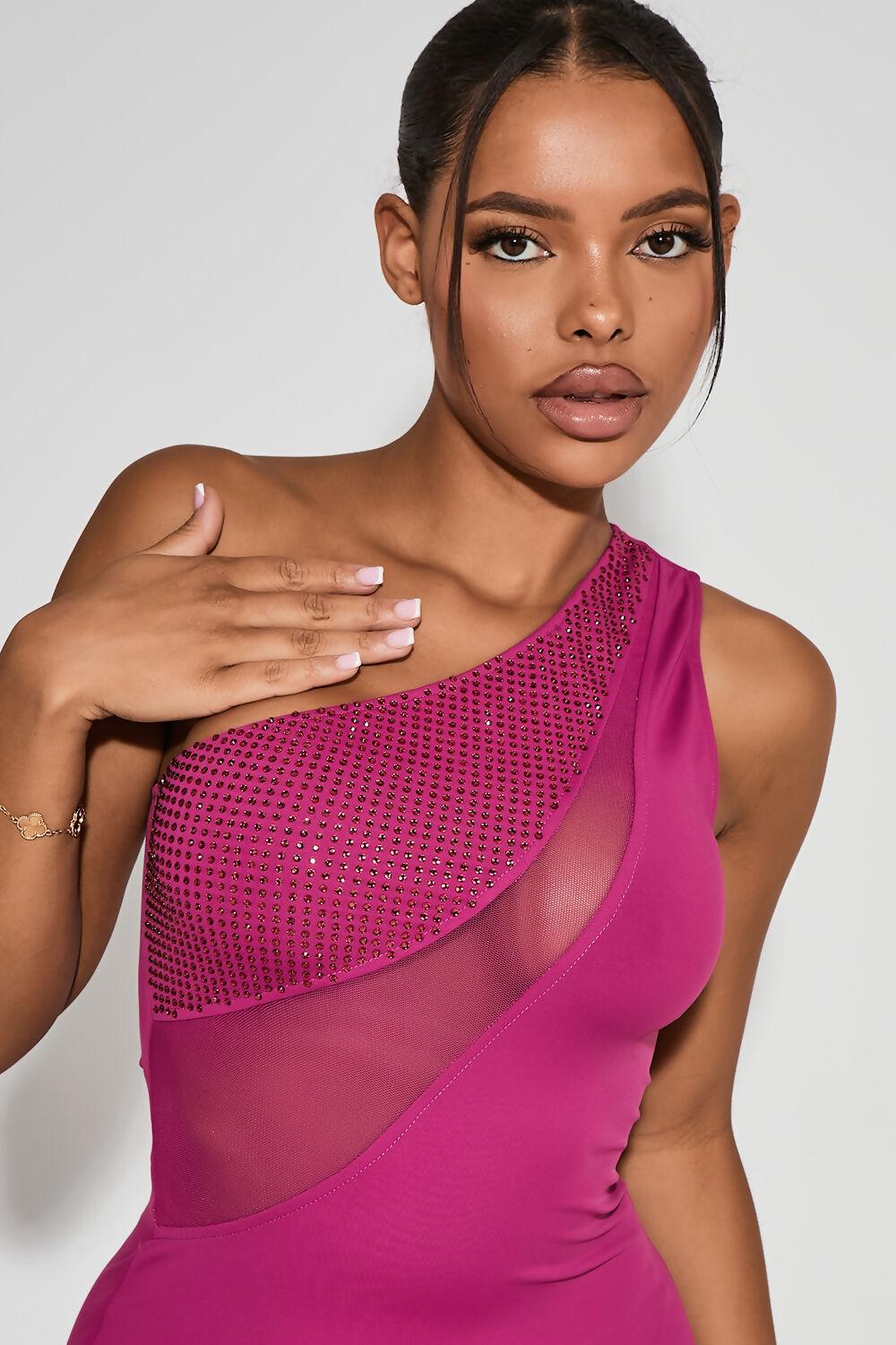 Saint Genies Joanna Pink One Shoulder Hotfix Mini Dress