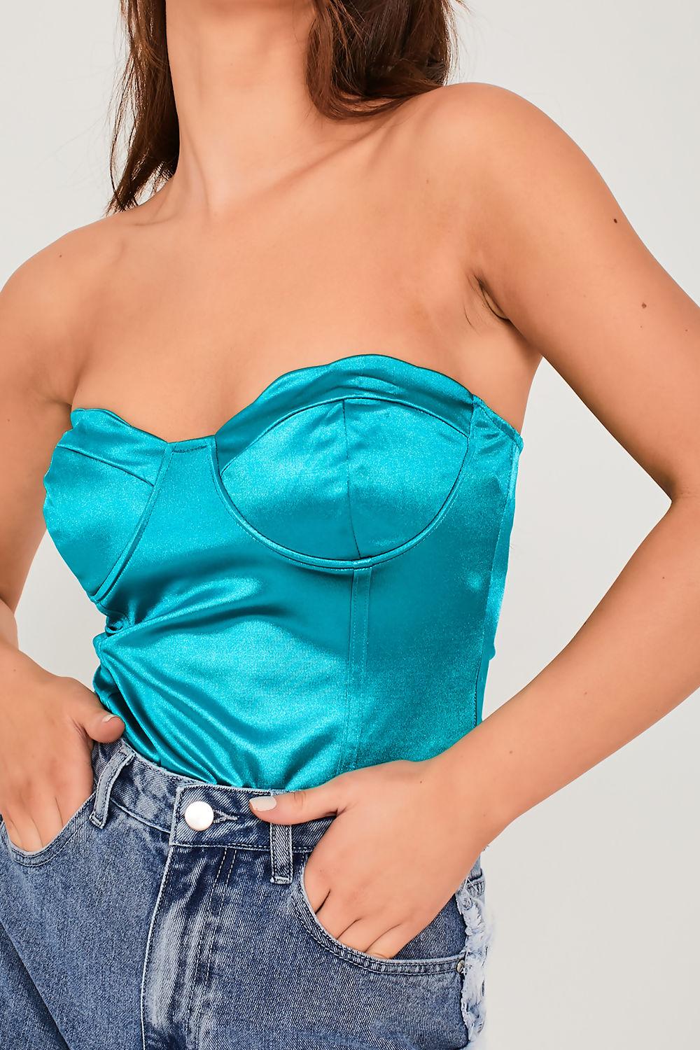 Saint Genies Josephine Jade Green Scallop Cup Stretch Satin Underwired Thong Bodysuit