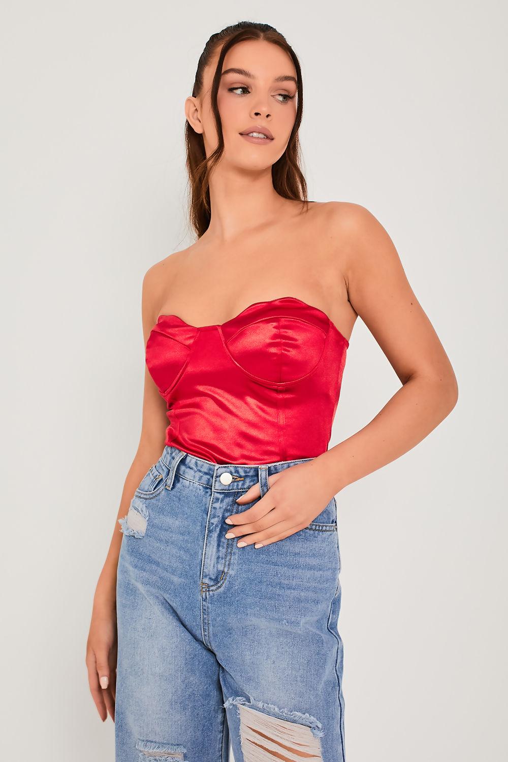 Saint Genies Josephine Red Scallop Cup Stretch Satin Underwired Thong Bodysuit